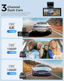 AZDOME M580 Pro 5K 3 Channel Dash Cam, Built-in WiFi GPS, 64GB Card Included, 4'' Touch Screen, WDR, IR Night Vision, Parking Mode